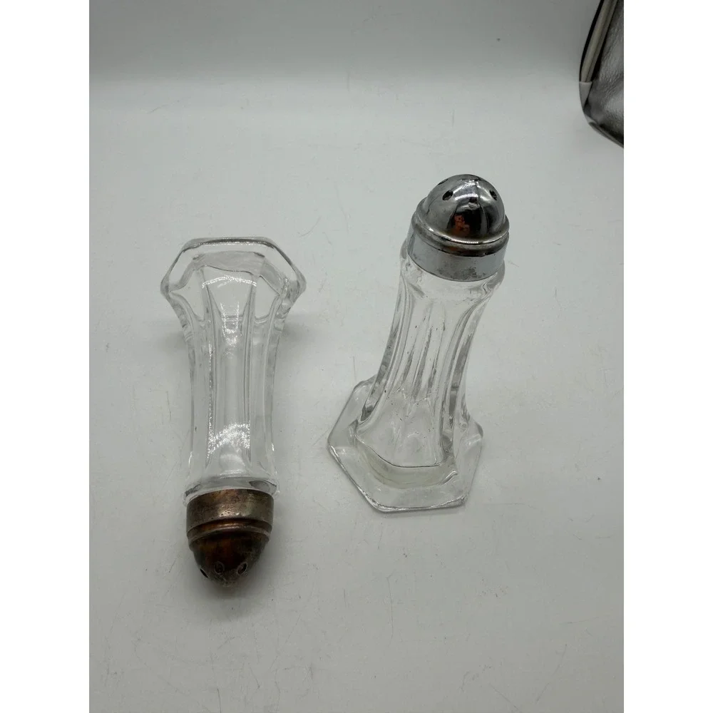 Vintage Paneled Clear Glass Salt and Pepper Shakers Hexagon Base Set of 2
